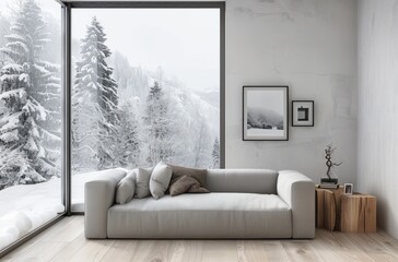 A minimalist winter room with grey walls, featuring geometric patterns on the carpet and a single armchair placed in front of it
