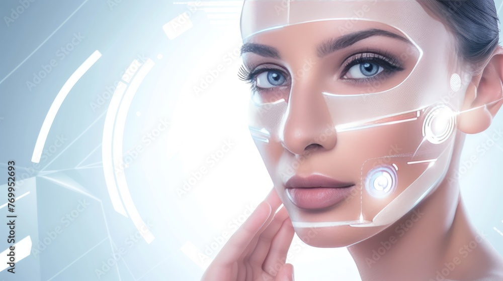 Poster a concept art showing a woman's face with translucent technological interface elements overlaying he