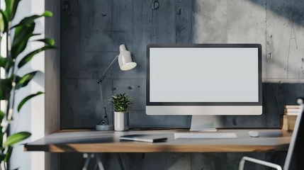 Fotobehang Blank computer screen mockup in office. Workplace concept.3D Rendering © ellisa_studio