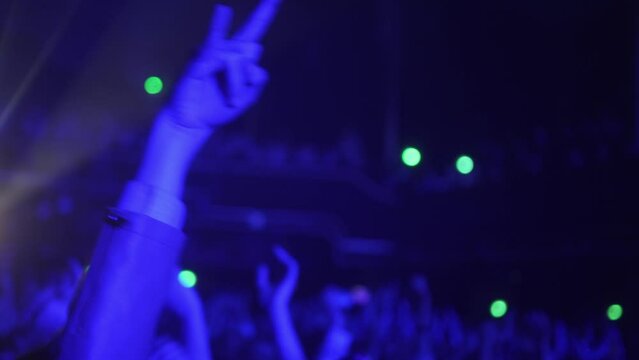 People showing rock and roll gesture with fingers isolated on blue background.
