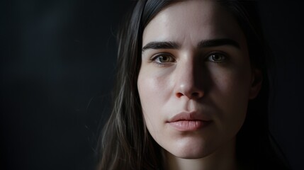 Fototapeta premium A hauntingly serene portrait of a woman with dark eyes and subtle lighting that emphasizes her calm yet profound expression