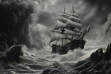 a ship sailing on a large rocky ocean, in the style of monochromatic masterpieces, photographically detailed portraitures, national geographic photo, - obrazy, fototapety, plakaty
