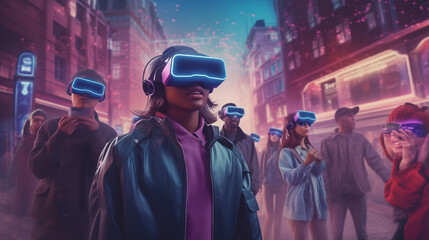 Obraz premium a group of people wearing virtual reality headsets. ai generated image.
