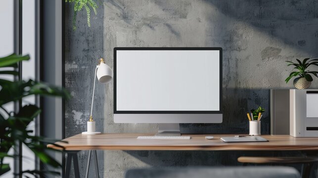 Blank computer screen mockup in office. Workplace concept.3D Rendering