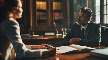 A focused image of a judge consulting quietly with a lawyer at the bench, both parties engaged in a crucial discussion, the room's natural lighting and soft shadows adding to the gravity of their conv - obrazy, fototapety, plakaty