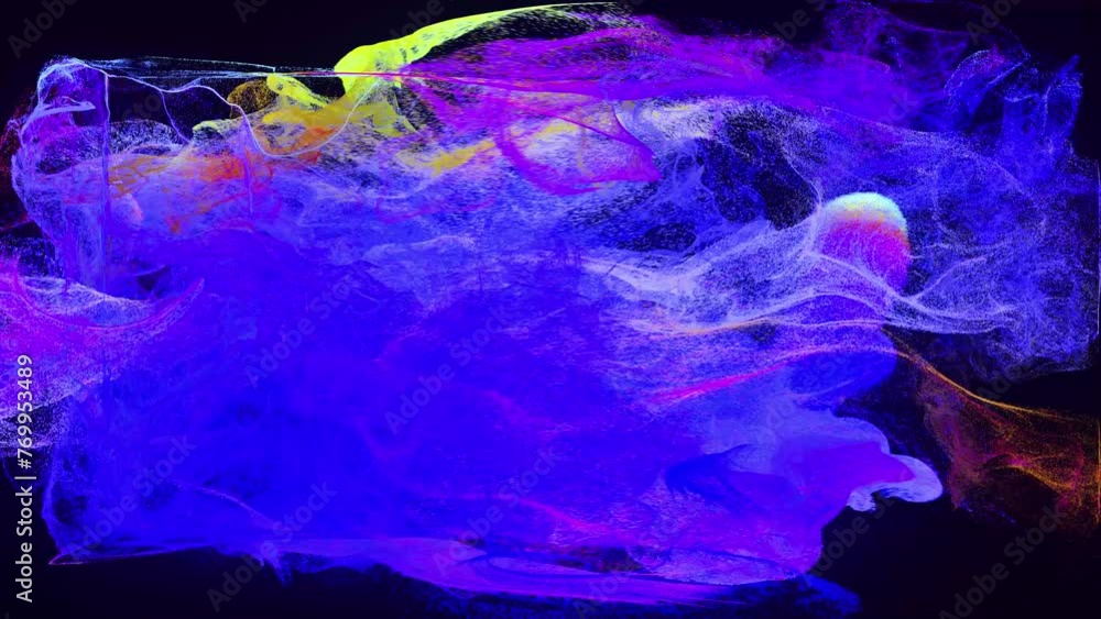 Poster glow particles spread in camera like ink effect. emitter ball emit swirl of glow particles form ligh