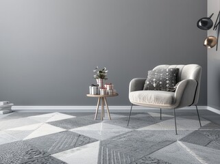 A minimalist winter room with grey walls, featuring geometric patterns on the carpet and a single armchair placed in front of it