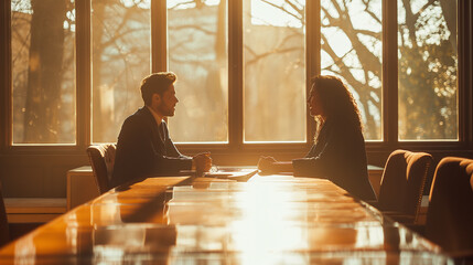 A lawyer and client sit across from each other at a sturdy wooden table, engaged in a serious discussion about the case, sunlight from the nearby window casting soft shadows around them - obrazy, fototapety, plakaty