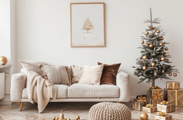 A minimalistic living room decorated for Christmas, featuring white walls and a sofa with soft cushions in neutral tones like beige or grey
