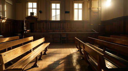 A court reporter setting up recording equipment in an empty courtroom before a session begins, the early light casting long, soft shadows across the wooden benches - obrazy, fototapety, plakaty
