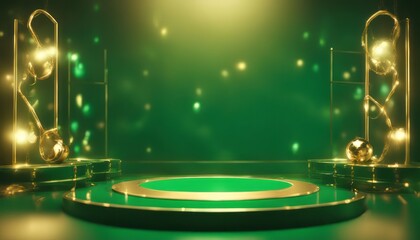 Empty podium golden on green background with light neon effects with bokeh decorations. Luxury scene