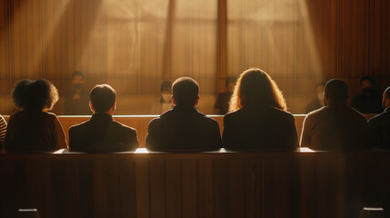 Naklejka premium A group of diverse jurors seated in the jury box, leaning forward to catch every detail of the testimony being presented, their focus illuminated by the natural light streaming through the courtroom 