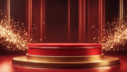 Empty podium golden on red background with light neon effects with bokeh decorations. Luxury scene