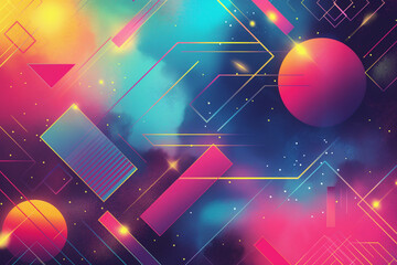 A vibrant background filled with various geometric shapes in bold colors such as circles, squares, triangles, and rectangles. The shapes overlap and intersect, creating a visually dynamic and engaging