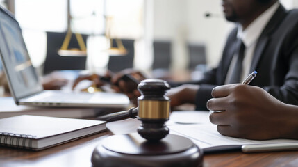 A court worker conducting video conference calls with legal teams, discussing case details over secure connections