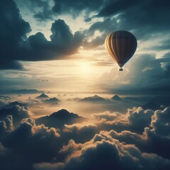 Hot air balloon floats across dramatic sunset sky
