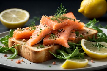 sandwich with lightly salted salmon in a plate