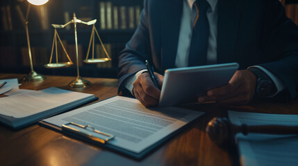 A legal analyst reviewing digital evidence and annotations on a tablet device, the interaction of light and shadow on the desk highlighting the precision required in legal work, with copy space