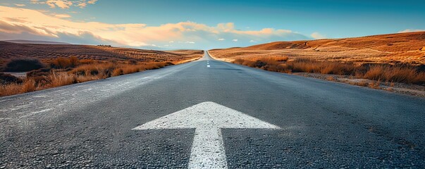 asphalt road with white paint arrow means keep forward. Never loose. Motivation concept