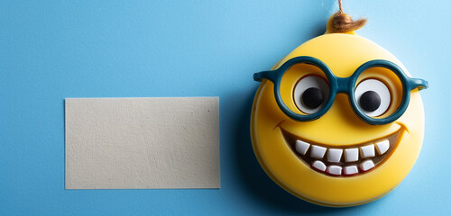 A close-up of a nerd emoji with glasses and buck teeth, indicating intelligence or studiousness, on a blue background with - obrazy, fototapety, plakaty
