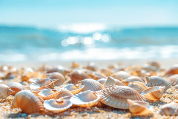Fototapeta na wymiar Scattered seashells adorn the sandy beach, with the majestic ocean stretching into the horizon in the background. A serene coastal vista capturing the beauty of nature's treasures.