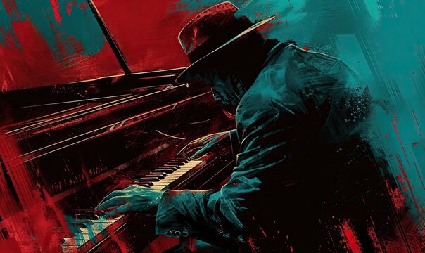 Pianist plaing at piano,  graphic design or cartoon style. Professional pianist playing jazz music