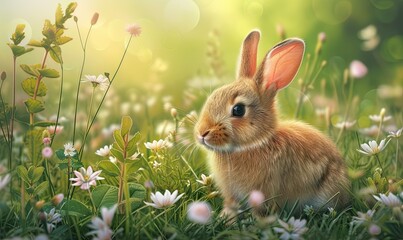 Cute rabbit on green grass in spring background. Rabbit in wild flowers. wide banner - obrazy, fototapety, plakaty