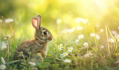 Fototapeta na wymiar Cute rabbit on green grass in spring background. Rabbit in wild flowers. wide banner