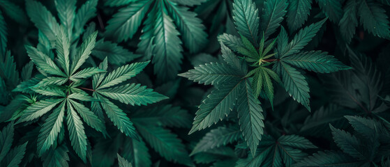 op view background featuring cannabis plants and leaves, providing inspiration for design projects. The lush foliage and vibrant green colors offer a natural and captivating backdrop. - obrazy, fototapety, plakaty