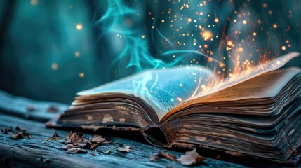 The magical book that turning the multiple glowing glittered page that stay on the wood table that surrounded with the mystery fantasy glowing glittered mist that looks like from dream world. AIGX03. - obrazy, fototapety, plakaty
