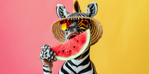 Fototapeta na wymiar Image of a zebra wearing a straw hat and sunglasses, biting off a watermelon with its mouth, on a pink and yellow background.
