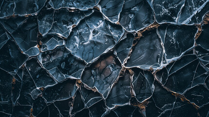 Realistic glass background with a cracked effect, creating an intriguing pattern and texture in a dark navy blue color - obrazy, fototapety, plakaty
