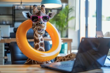 Cute giraffe in sunglasses and with a laptop in the office. Creative concept of vacation and relaxation.