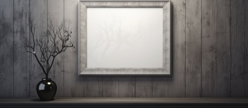 A rectangular picture frame hangs on a grey wooden wall next to a vase of flowers. The monochrome photography within the frame complements the rooms monochrome decor