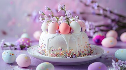 Fototapeta na wymiar Easter cake garnished with sugar on a Beautiful Lavender background