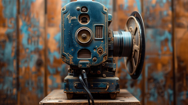 Vintage film projector on a wooden table with a rustic background.