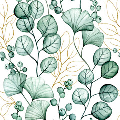 watercolor seamless pattern with transparent ginkgo and eucalyptus leaves and gold leaves. print