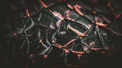 Realistic glass background with a cracked effect, creating an intriguing pattern and texture in dark black and gold