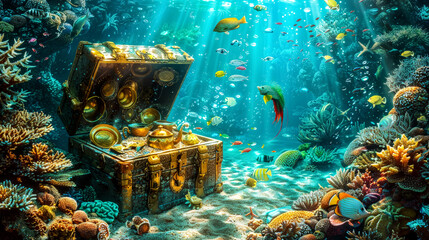 Ancient chest lies on sandy bottom of sea. Gold dishes are visible in chest, Colorful fish swim around chest. Blue water, algae, corals, rays of sun through water illuminate gold dishes and they shine - obrazy, fototapety, plakaty
