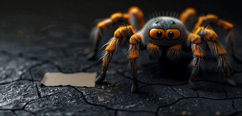 A close-up of a spider emoji with legs extended, symbolizing arachnids or fear, on a black background with - obrazy, fototapety, plakaty