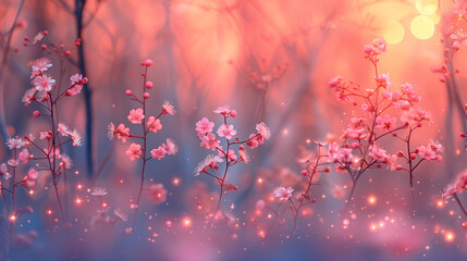 Ethereal spring background with soft focus cherry blossoms and a dreamy sunset glow.