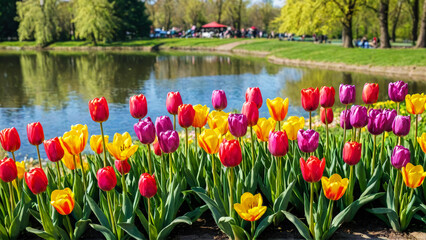 Spring landscape with red and yellow blooming tulips on background of lake in city park. Beautiful outdoor scenery. Close-up. Copy space.