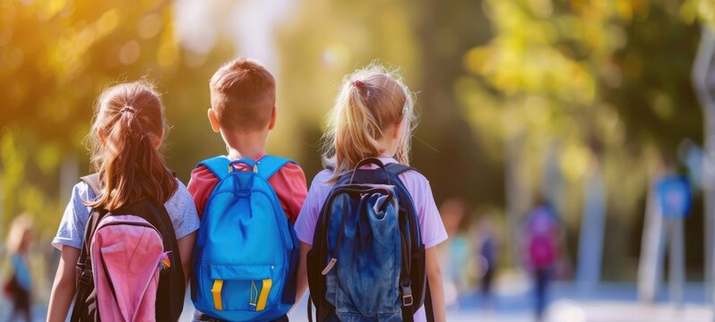 A Group Of Children Going To School Together, Seen From Behind