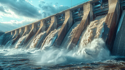 Hydroelectric Power Generation: Water Flowing Through Dam Spillways