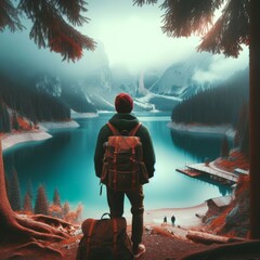 Backpacker looks over beautiful vista of a lake sitting in a valley
 - obrazy, fototapety, plakaty