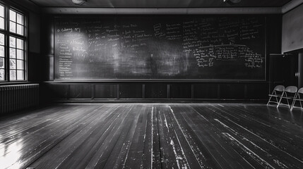 Vintage classroom interior with blackboard full of chalk writing, wooden floors, and empty chairs in monochrome tones. - obrazy, fototapety, plakaty