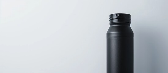 Close-up image of a black matte steel thermo water bottle, set against a white background with room for text. Encourages zero waste and advocates against plastic disposable bottles,