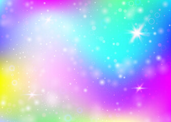 Magic background with rainbow mesh. Trendy universe banner in princess colors. Fantasy gradient backdrop with hologram. Holographic magic background with fairy sparkles, stars and blurs.