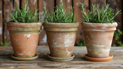 Three terracotta pots with fresh rosemary on a wooden surface against a rustic fence background. - 769956298
