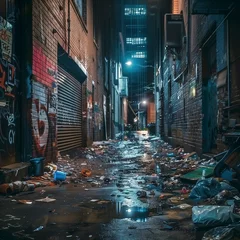 Fotobehang urban alleyway at night in the rain with litter on the floor and birght graffitti on the dirty brick walls. © Duncan